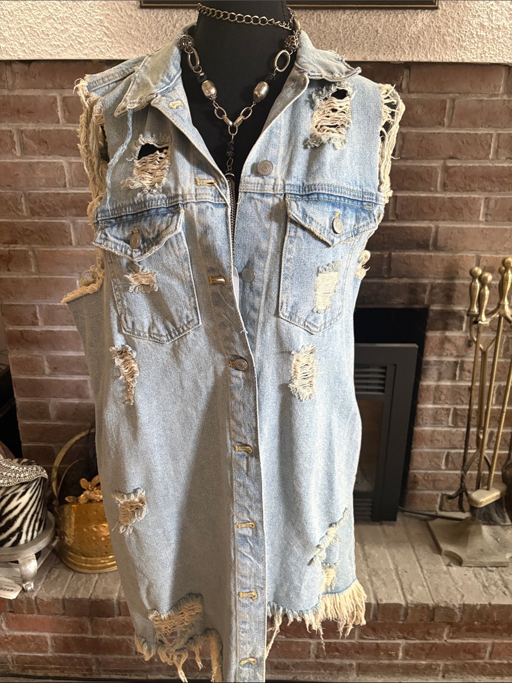 Zara Light Blue Distressed Denim Vest